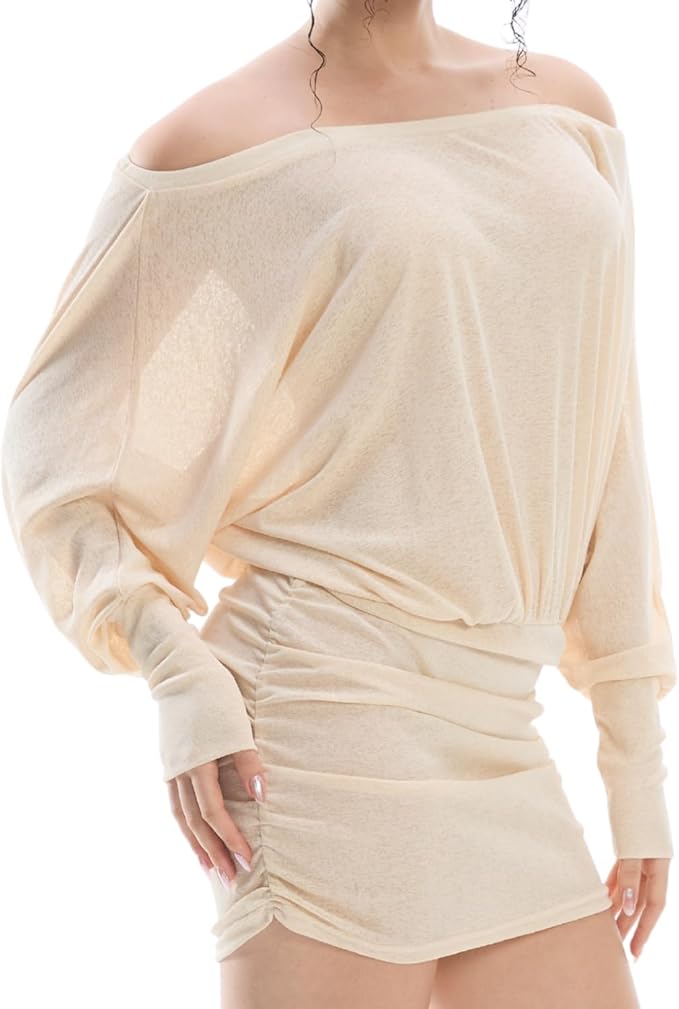 Women's Solid Off The Shoulder Sheer Ruched Dress