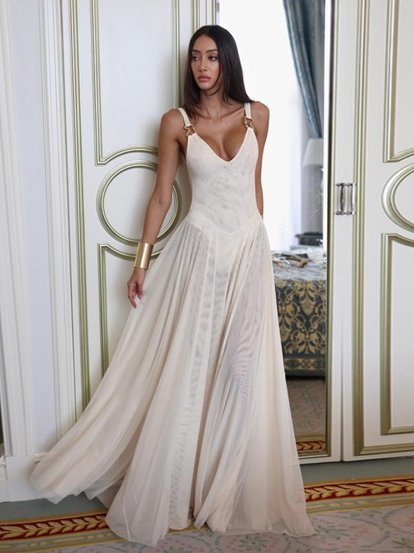 Deep V Neck Tull Cami Maxi Dress