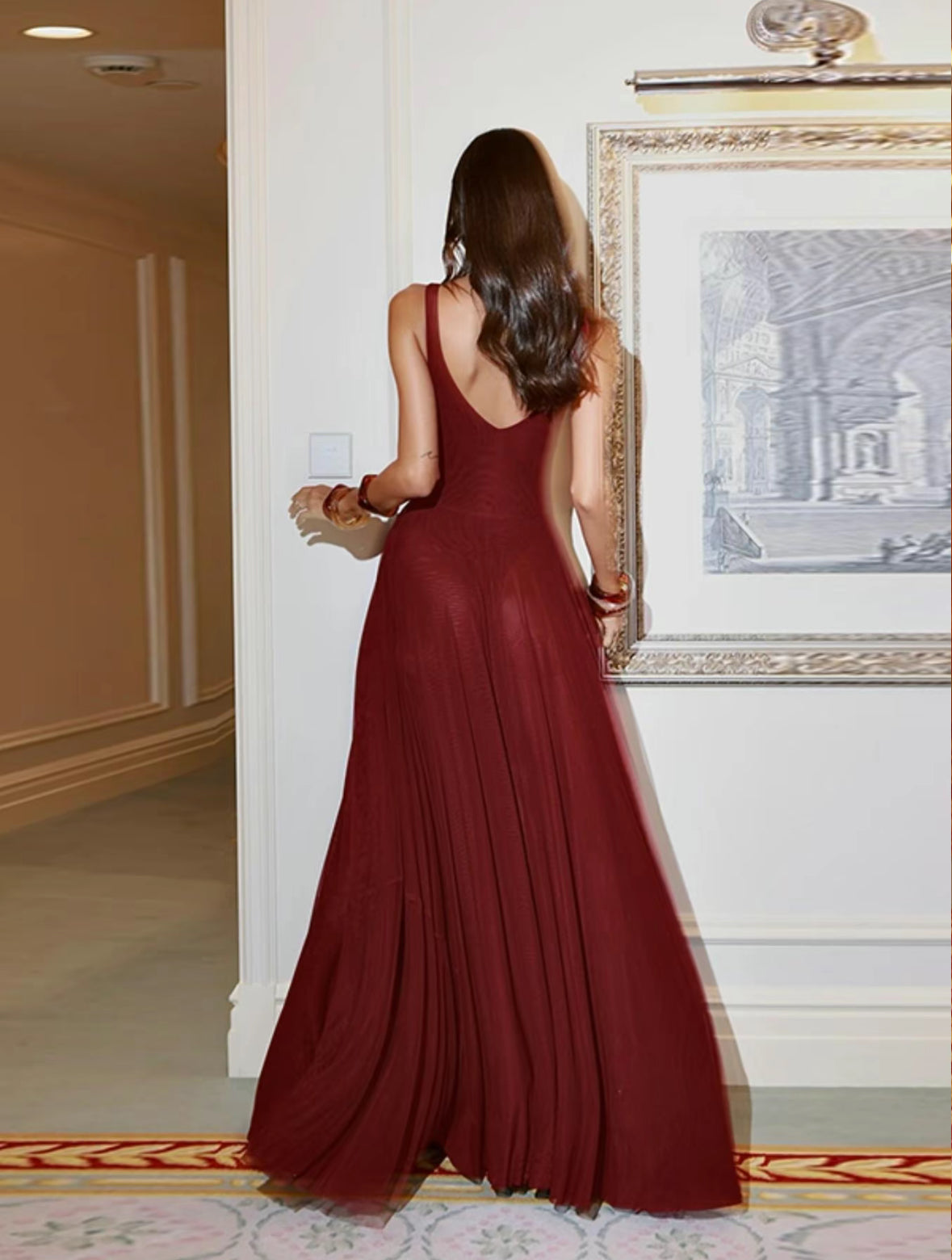 Deep V Neck Tull Cami Maxi Dress